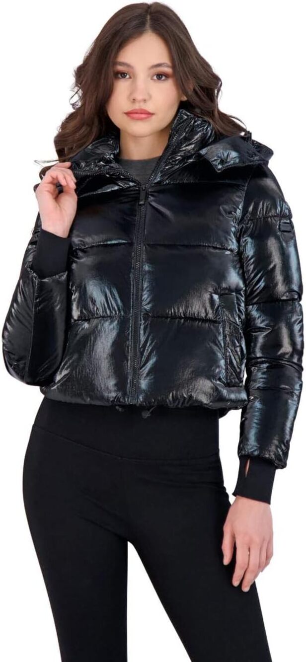 NWT BCBGMAXAZRIA Metallic Quilted Cropped Puffer Coat Hood Women's M Black